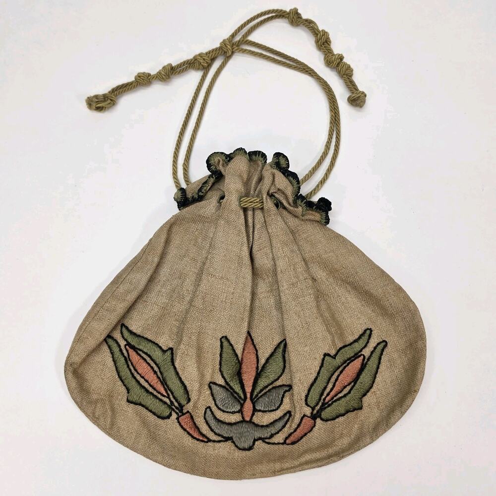 Vintage Drawstring Handbag Burlap Jute Floral Embroidered Boho Rustic Pouch...